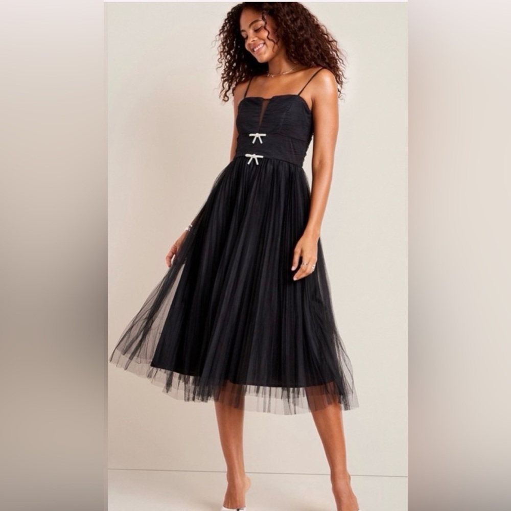 Black Tulle Midi Dress with Bow Detail